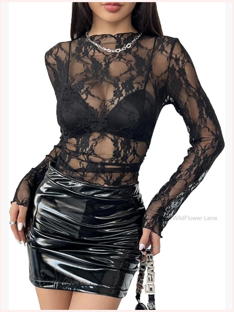 Women's Lace Mesh Long Sleeve Tops Sheer Shirt Mock Neck Casual Blouses